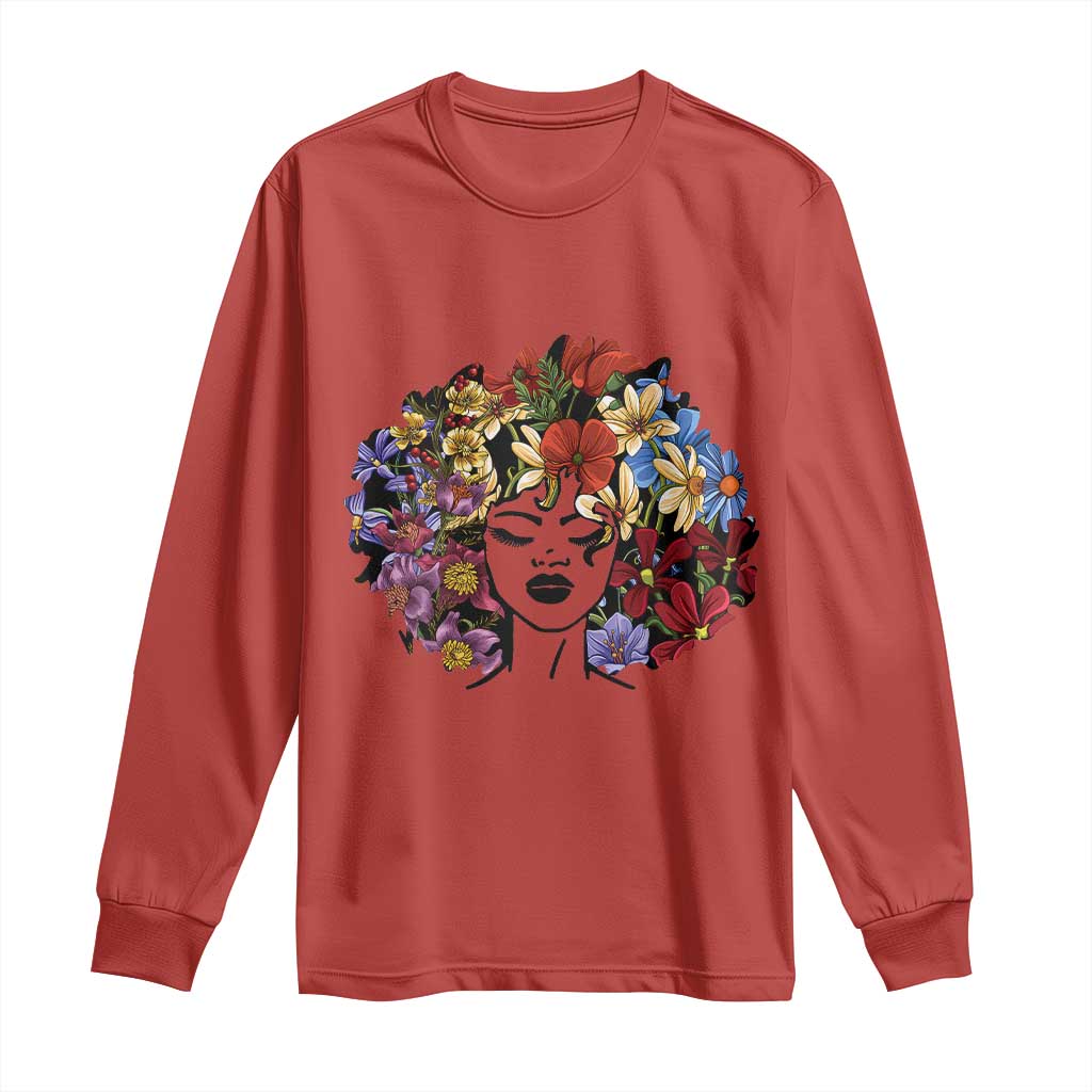 Black History Long Sleeve Shirt For Women Afro Flower Hair Juneteenth TS01 Red Print Your Wear