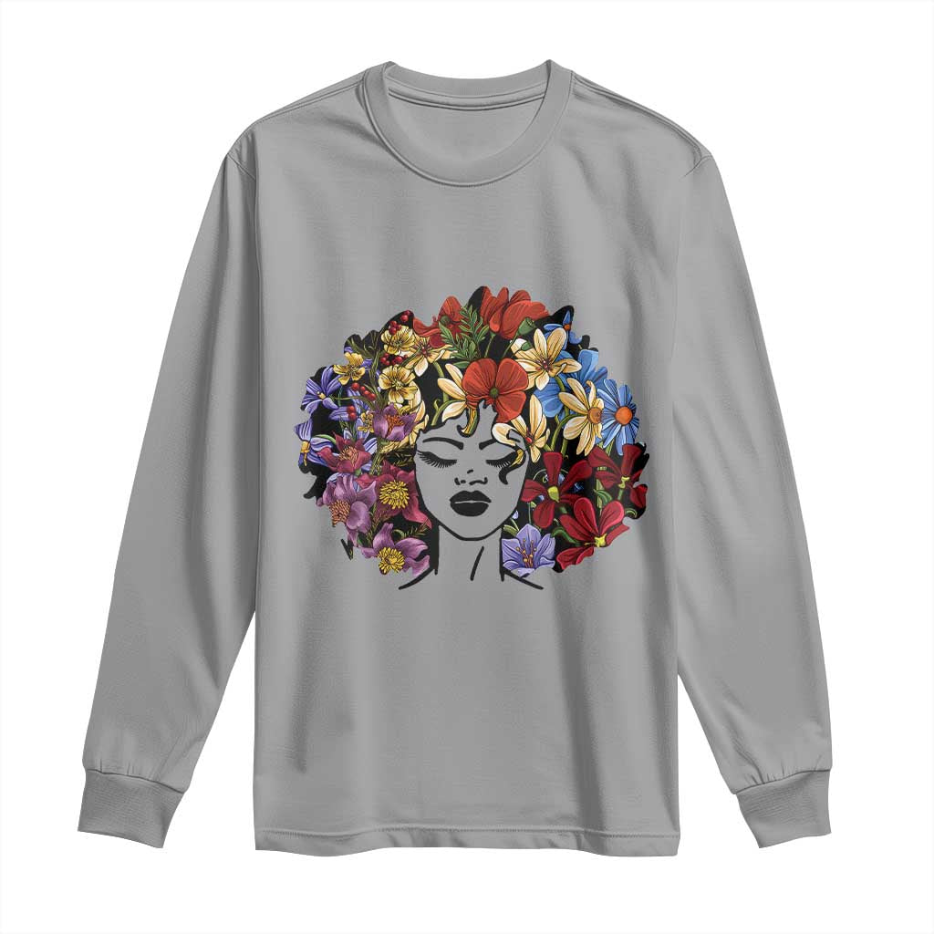 Black History Long Sleeve Shirt For Women Afro Flower Hair Juneteenth TS01 Sport Gray Print Your Wear
