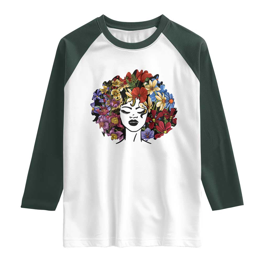 Black History Raglan Shirt For Women Afro Flower Hair Juneteenth TS01 White Dark Forest Green Print Your Wear