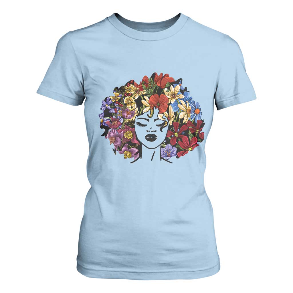 Black History T Shirt For Women For Women Afro Flower Hair Juneteenth TS01 Light Blue Print Your Wear