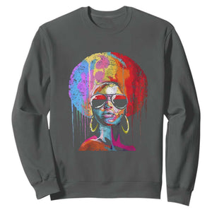 Womens Black Queen Afro Melanin Dripping Juneteenth Sweatshirt TS01 Dark Heather Printyourwear