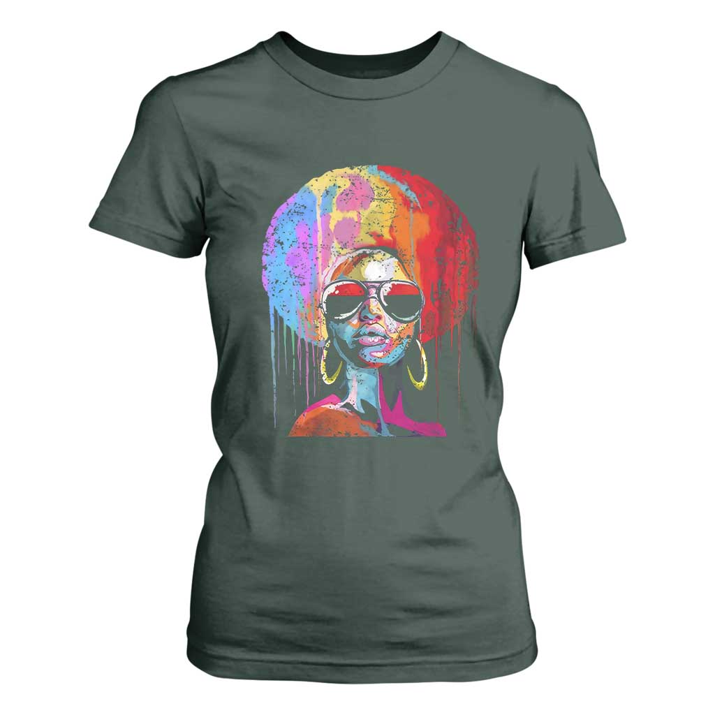 Afro Woman T Shirt For Women Black Queen Melanin Dripping Juneteenth TS01 Dark Forest Green Print Your Wear