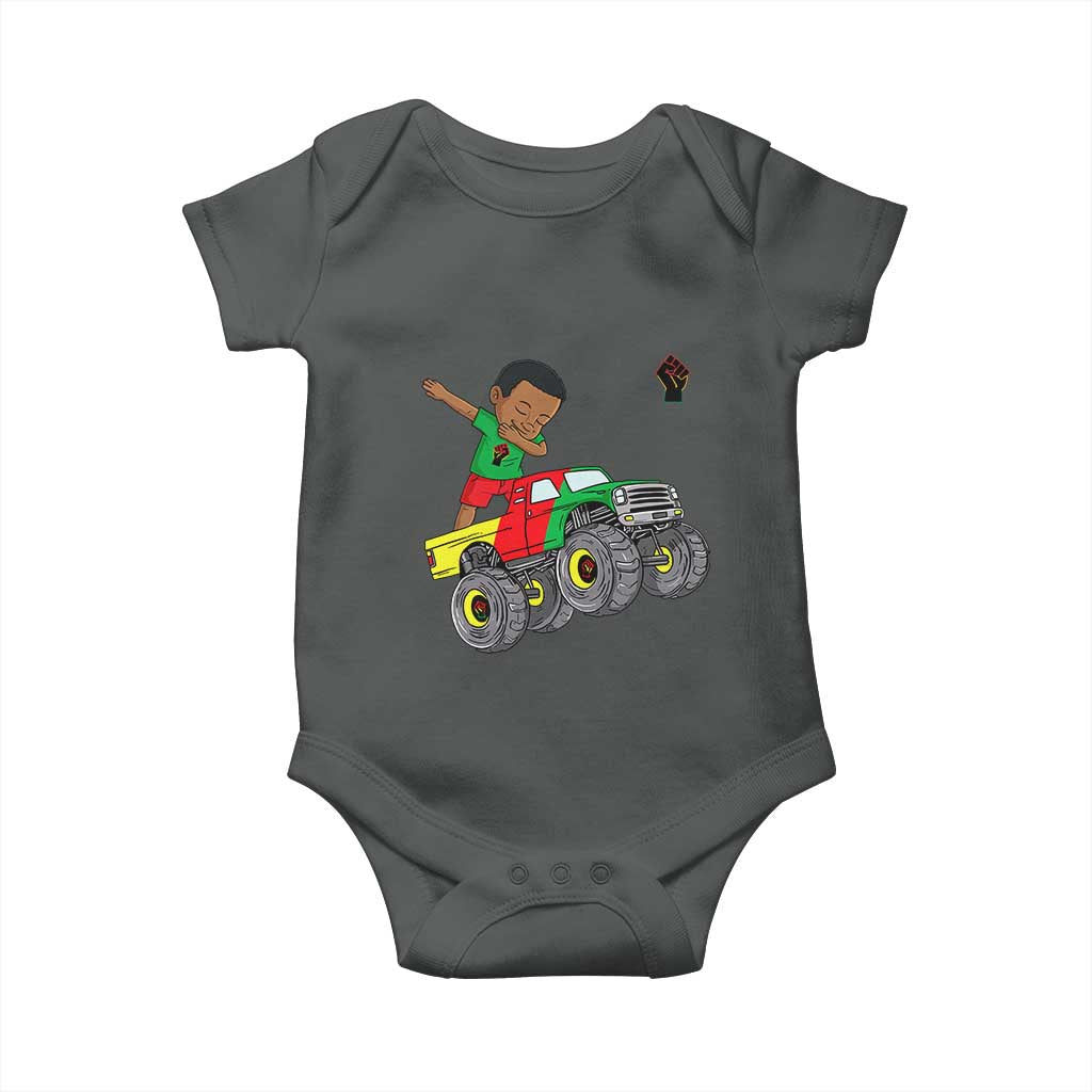 Funny Black History Baby Onesie African Kids Dabbing Black King In Monster Truck TS01 Dark Heather Print Your Wear