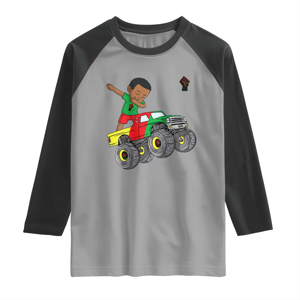 Funny Black History Raglan Shirt African Kids Dabbing Black King In Monster Truck TS01 Sport Gray Black Print Your Wear