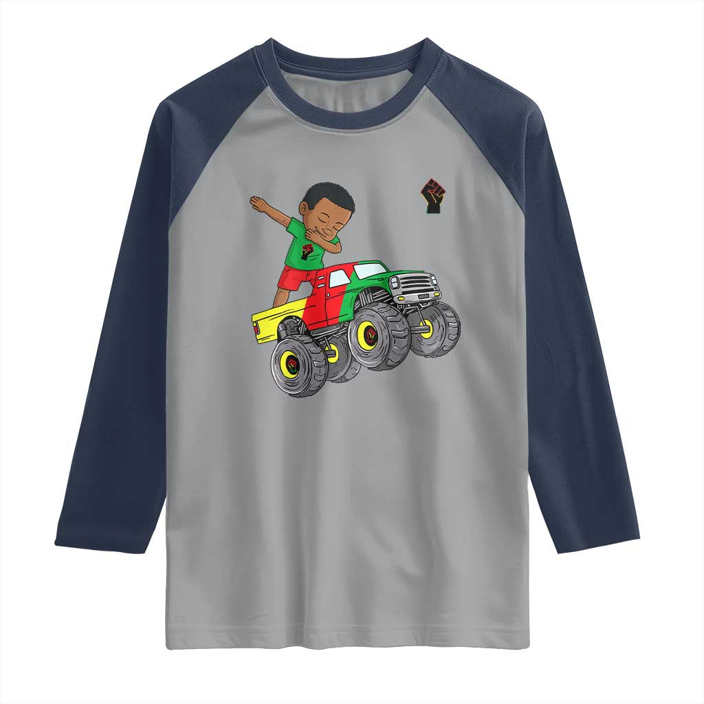 Funny Black History Raglan Shirt African Kids Dabbing Black King In Monster Truck TS01 Sport Gray Navy Print Your Wear