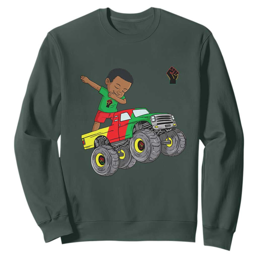 Funny Black History Sweatshirt African Kids Dabbing Black King In Monster Truck TS01 Dark Forest Green Printyourwear