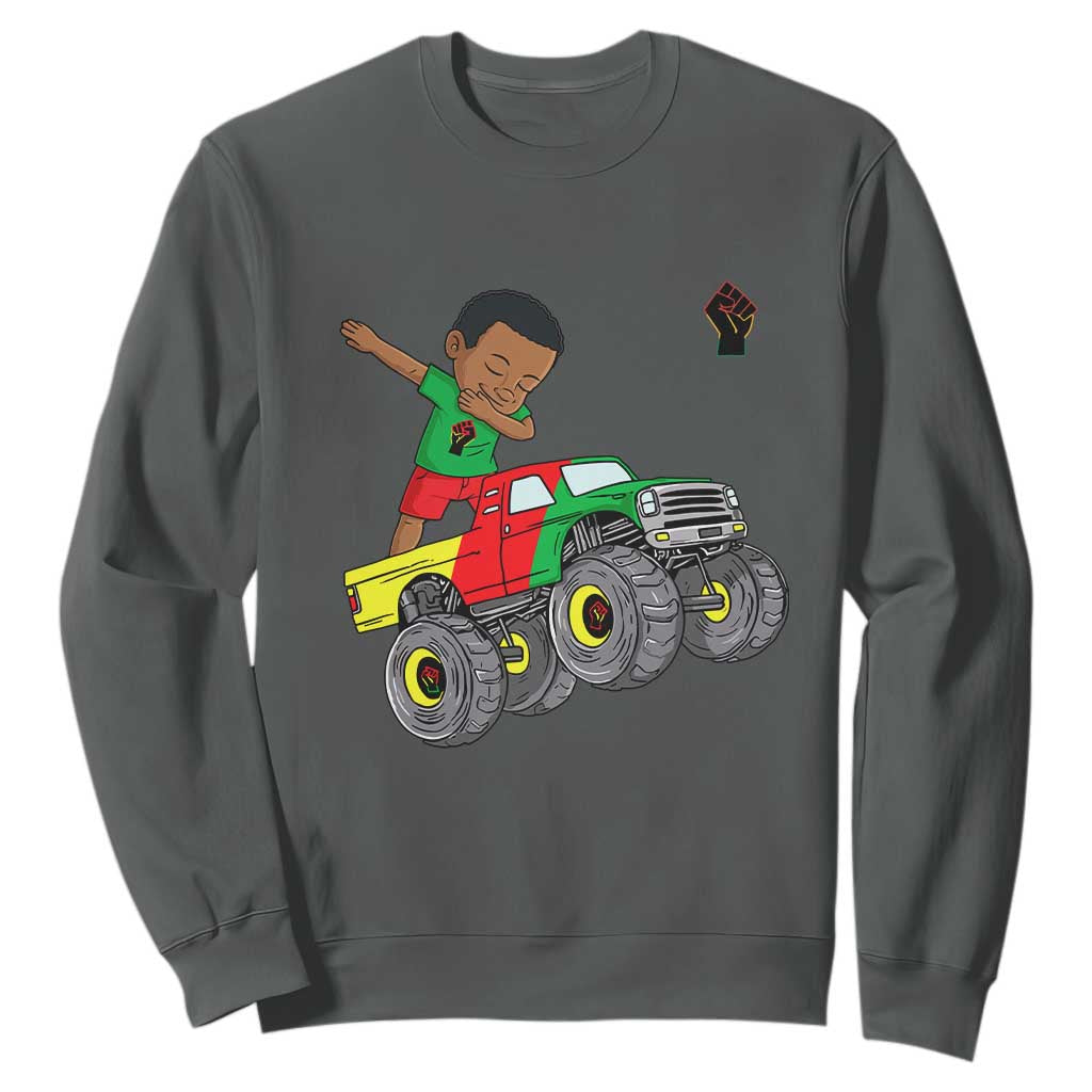 Funny Black History Sweatshirt African Kids Dabbing Black King In Monster Truck TS01 Dark Heather Printyourwear