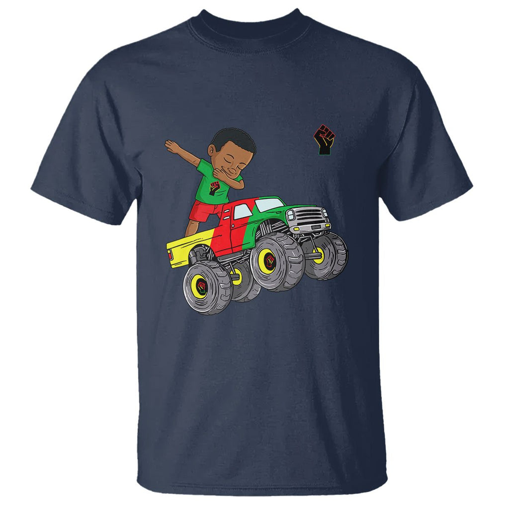 Funny Black History T Shirt African Kids Dabbing Black King In Monster Truck TS01 Navy Printyourwear