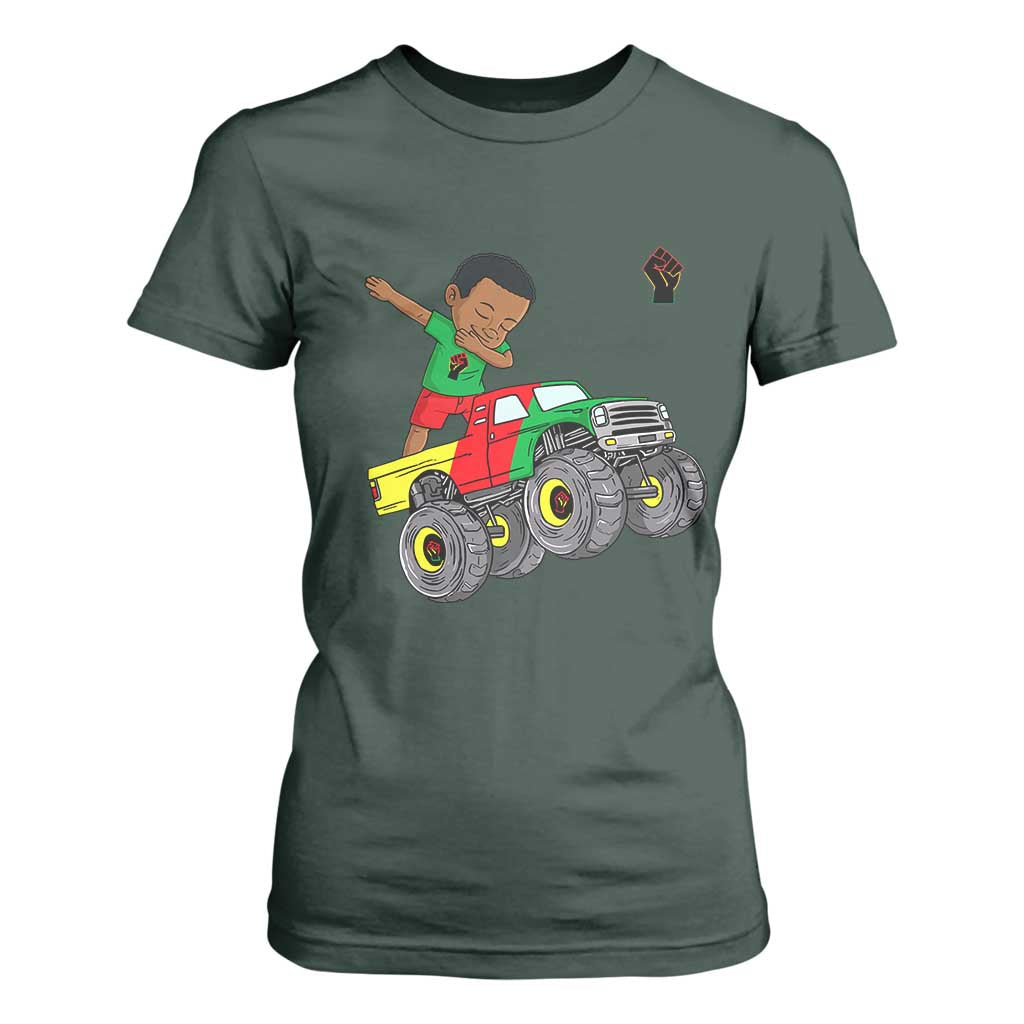 Funny Black History T Shirt For Women African Kids Dabbing Black King In Monster Truck TS01 Dark Forest Green Print Your Wear