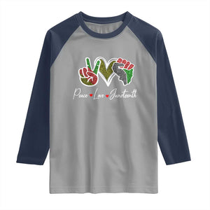 Peace Love Juneteenth Raglan Shirt Black Freedom TS01 Sport Gray Navy Print Your Wear