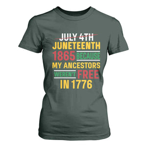 Juneteenth 1865 T Shirt For Women Not July 4th Because My Ancestors Weren't Free in 1776 TS01 Dark Forest Green Print Your Wear