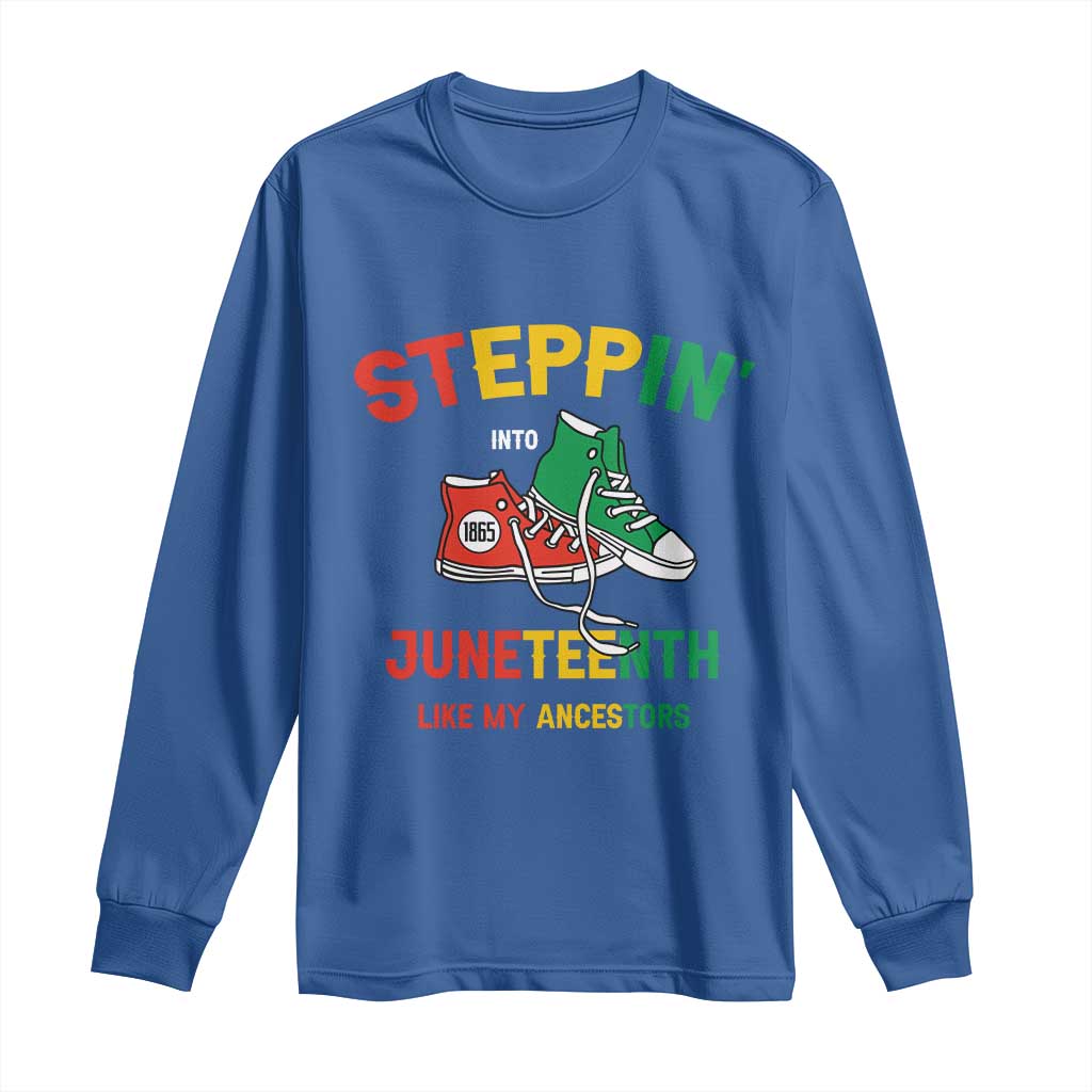 Stepping into Juneteenth 1865 Long Sleeve Shirt Like My Ancestors Sneakers TS01 Royal Blue Print Your Wear