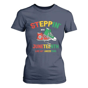 Stepping into Juneteenth 1865 T Shirt For Women Like My Ancestors Sneakers TS01 Navy Print Your Wear