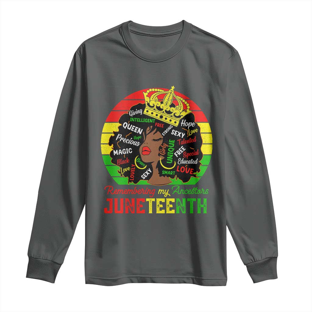 Black Women Long Sleeve Shirt Remembering My Ancestors Juneteenth Celebrate TS01 Dark Heather Print Your Wear