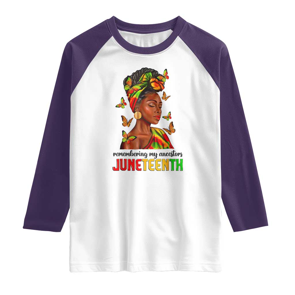 Black Women Raglan Shirt Remembering My Ancestors Juneteenth Celebration TS01 White Purple Print Your Wear