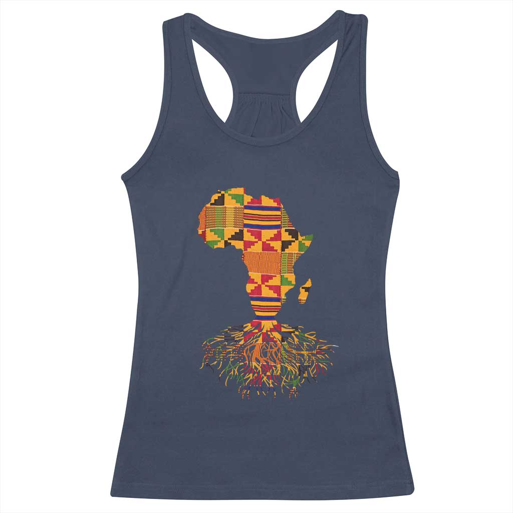 My Roots Black History Racerback Tank Top With Traditional Kente and Africa Map TS01 Navy Print Your Wear