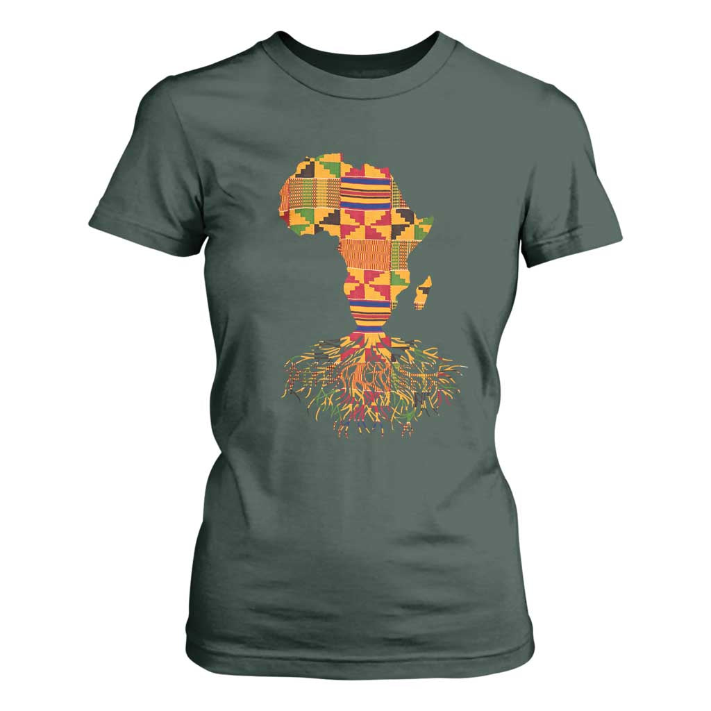 My Roots Black History T Shirt For Women With Traditional Kente and Africa Map TS01 Dark Forest Green Print Your Wear
