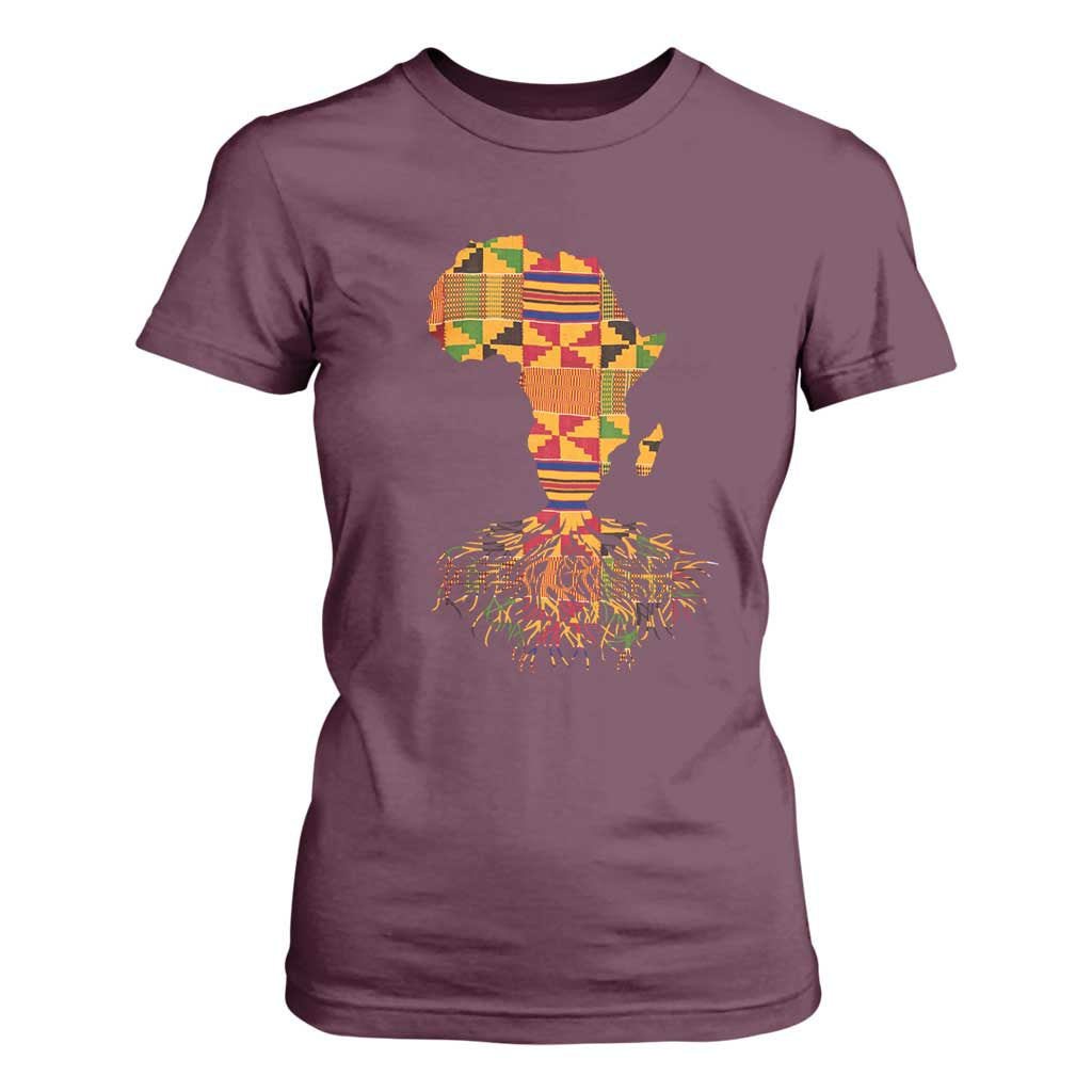 My Roots Black History T Shirt For Women With Traditional Kente and Africa Map TS01 Maroon Print Your Wear