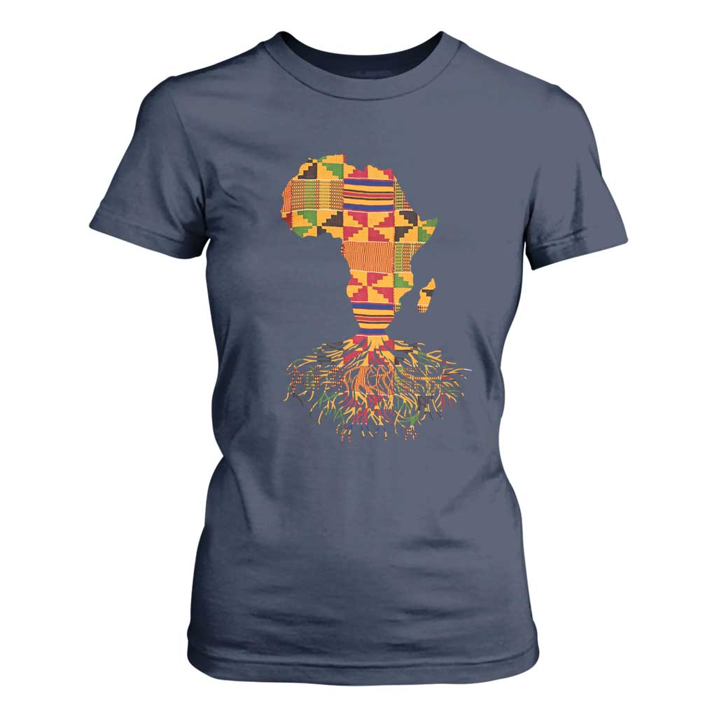 My Roots Black History T Shirt For Women With Traditional Kente and Africa Map TS01 Navy Print Your Wear