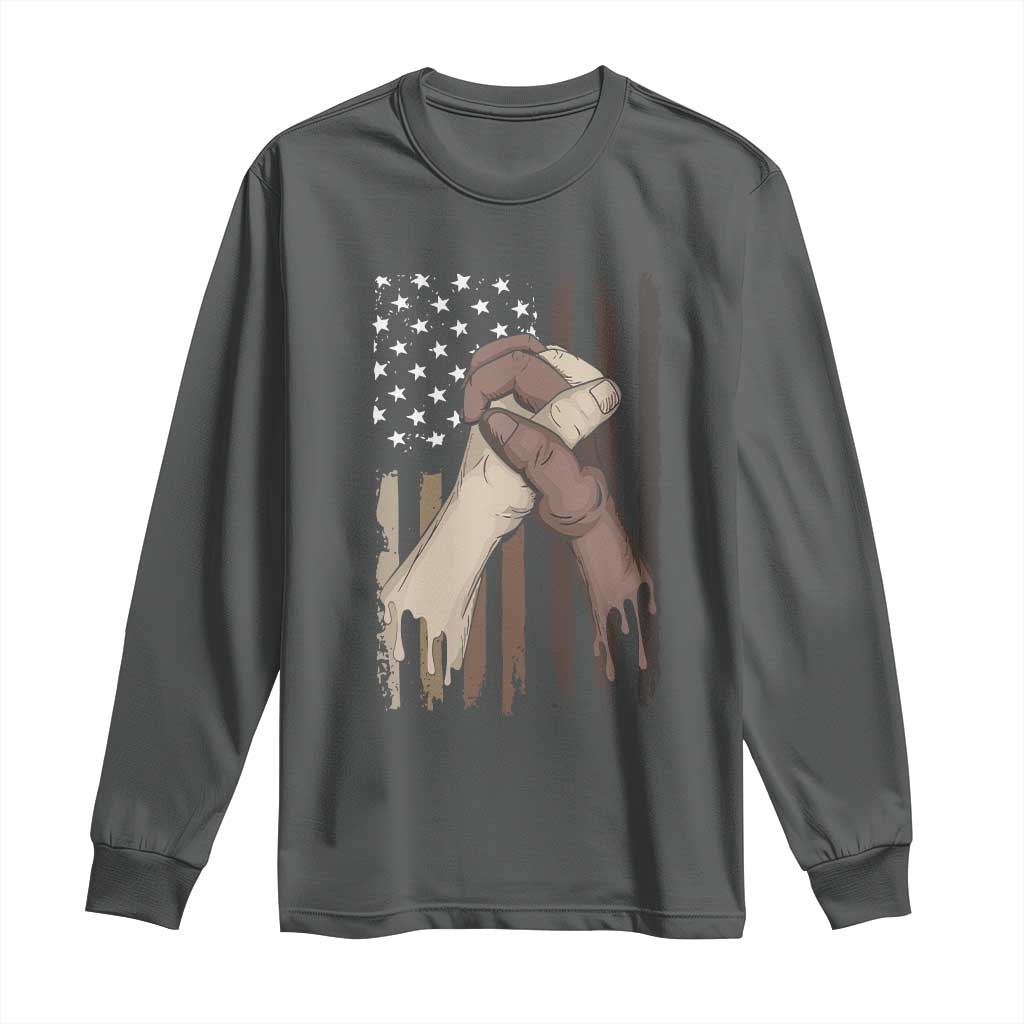 Black American Long Sleeve Shirt US Flag Holding Hands TS01 Dark Heather Print Your Wear