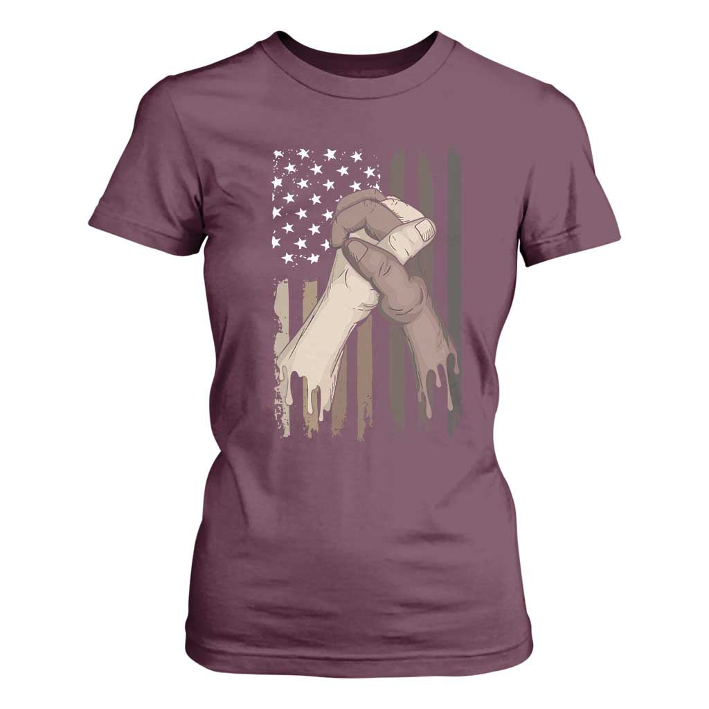 Black American T Shirt For Women US Flag Holding Hands TS01 Maroon Print Your Wear