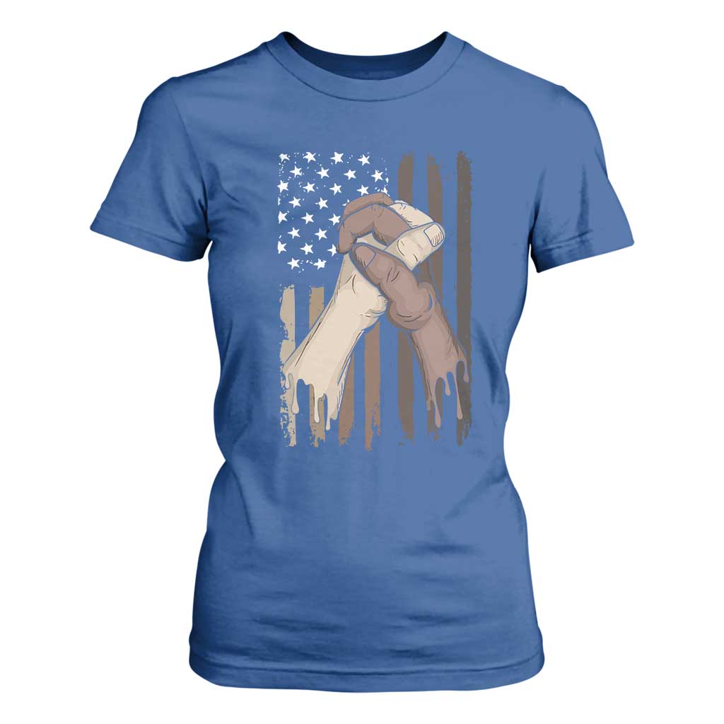 Black American T Shirt For Women US Flag Holding Hands TS01 Royal Blue Print Your Wear