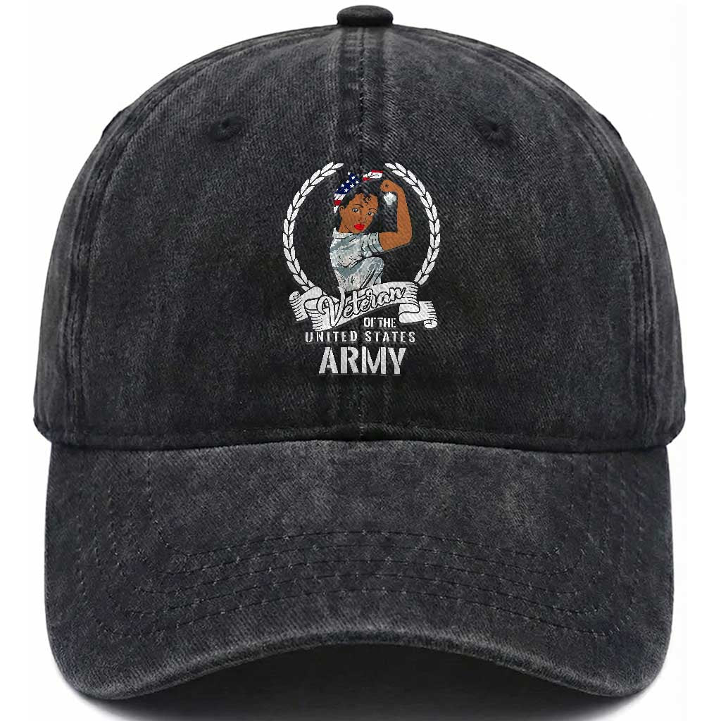 Black US Army Girl Veteran Washed Cotton Baseball Cap - Proud Female Military Veteran TS01 Washed Cap Universal Fit Black Print Your Wear
