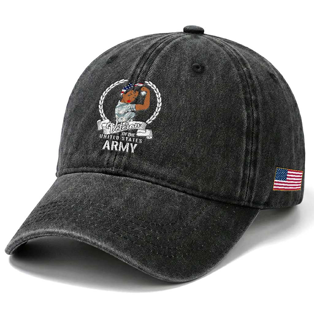 Black US Army Girl Veteran Washed Cotton Baseball Cap - Proud Female Military Veteran TS01 Print Your Wear