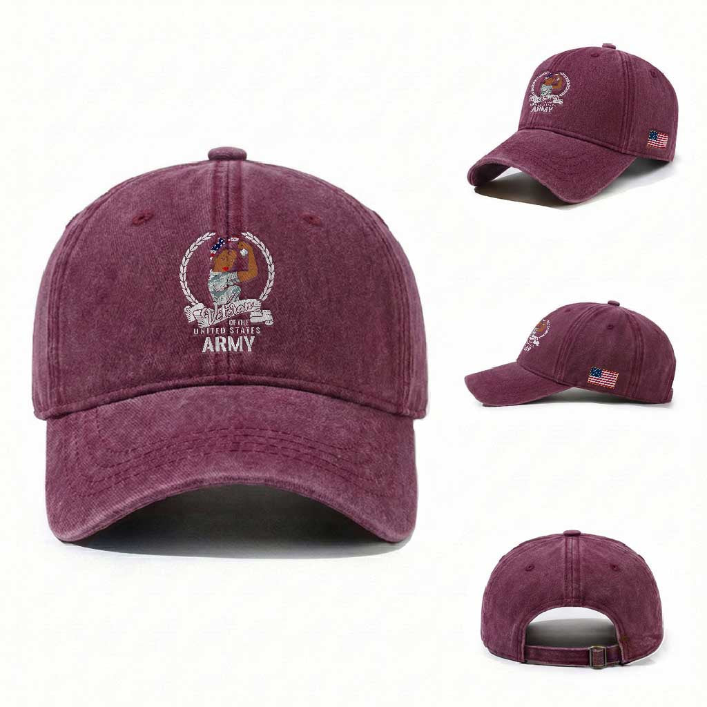 Black US Army Girl Veteran Washed Cotton Baseball Cap - Proud Female Military Veteran TS01 Washed Cap Universal Fit Burgundy Print Your Wear
