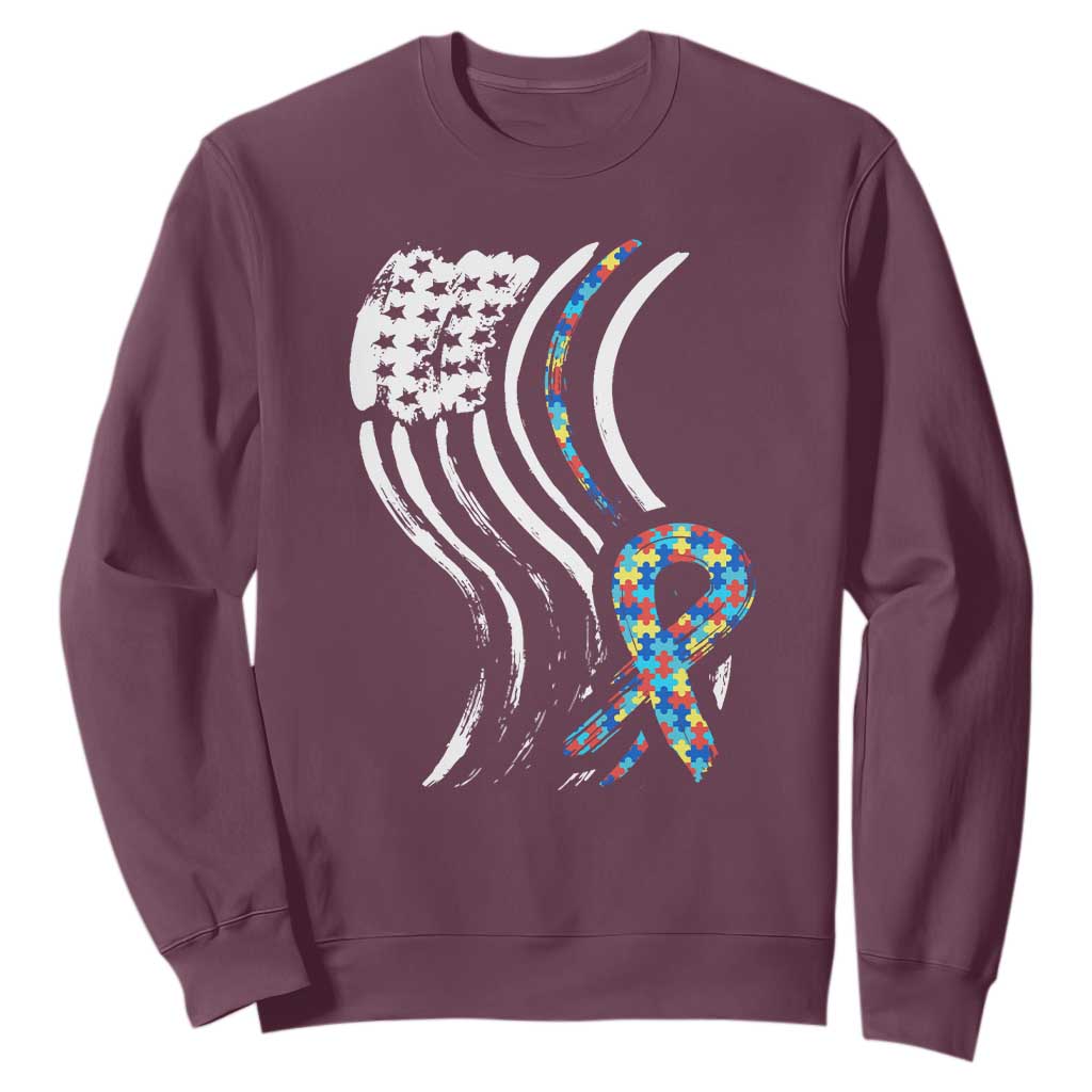 Autism Awareness Sweatshirt Spectrum Ribbon American Flag TS01 Maroon Printyourwear