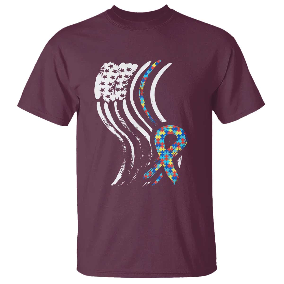 Autism Awareness T Shirt Spectrum Ribbon American Flag TS01 Maroon Printyourwear