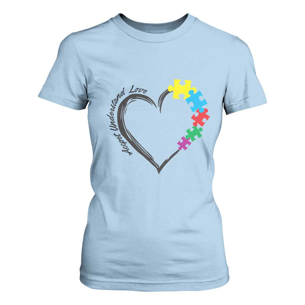 Heart Autism Awareness T Shirt For Women Accept Understand Love Puzzle Piece TS01 Light Blue Printyourwear