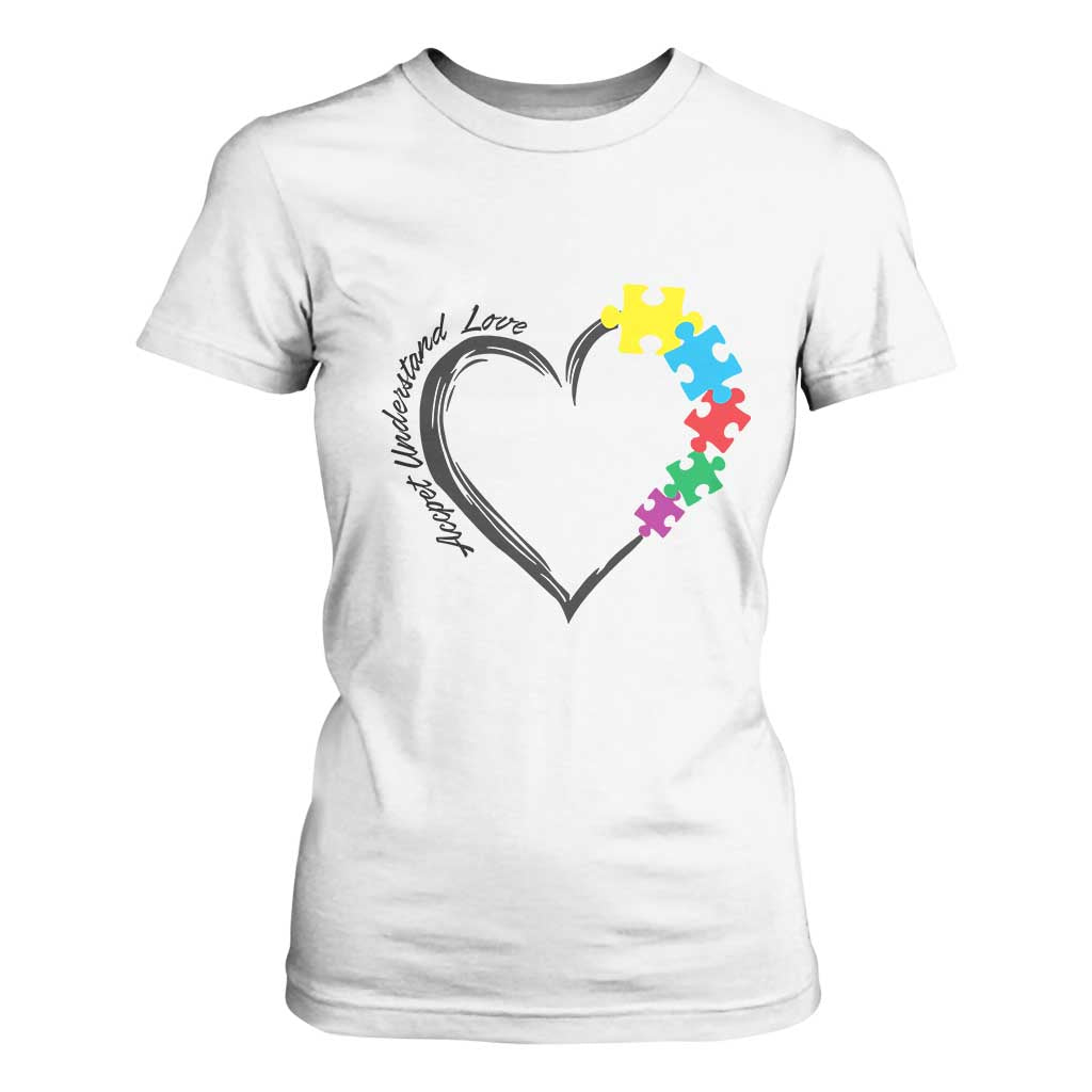 Heart Autism Awareness T Shirt For Women Accept Understand Love Puzzle Piece TS01 White Printyourwear