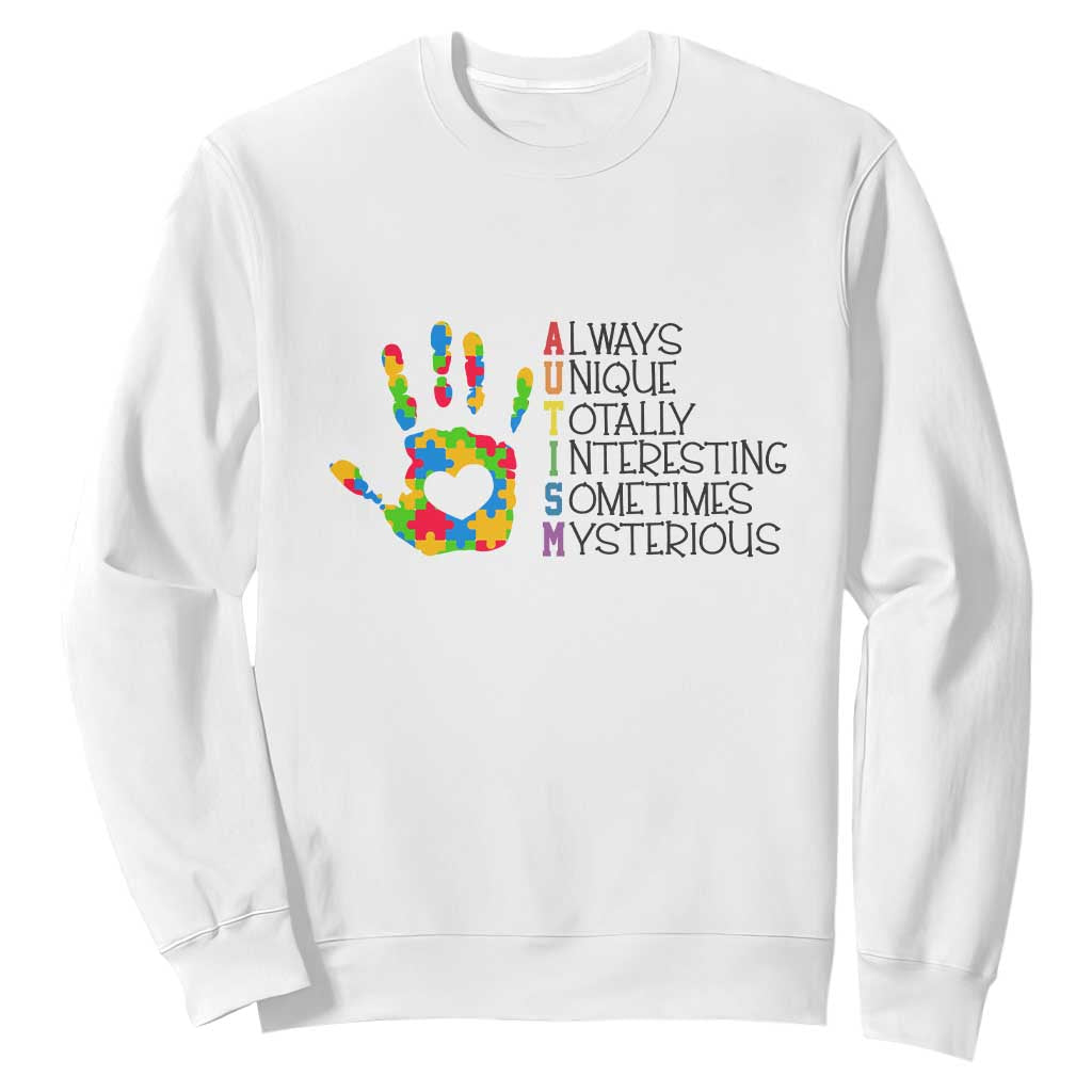 Autism Definition Sweatshirt Always Unique Totally Interesting Sometimes Mysterious Puzzle Hand TS01 White Printyourwear