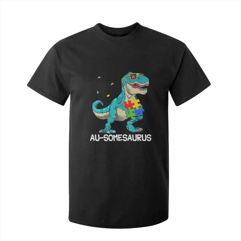 Dinosaur Autism T Shirt For Kid Au-somesaurus Word Pun Puzzle Piece TS01 Black Printyourwear