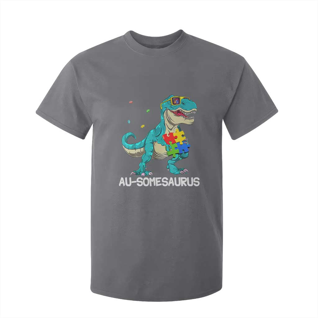 Dinosaur Autism T Shirt For Kid Au-somesaurus Word Pun Puzzle Piece TS01 Charcoal Printyourwear