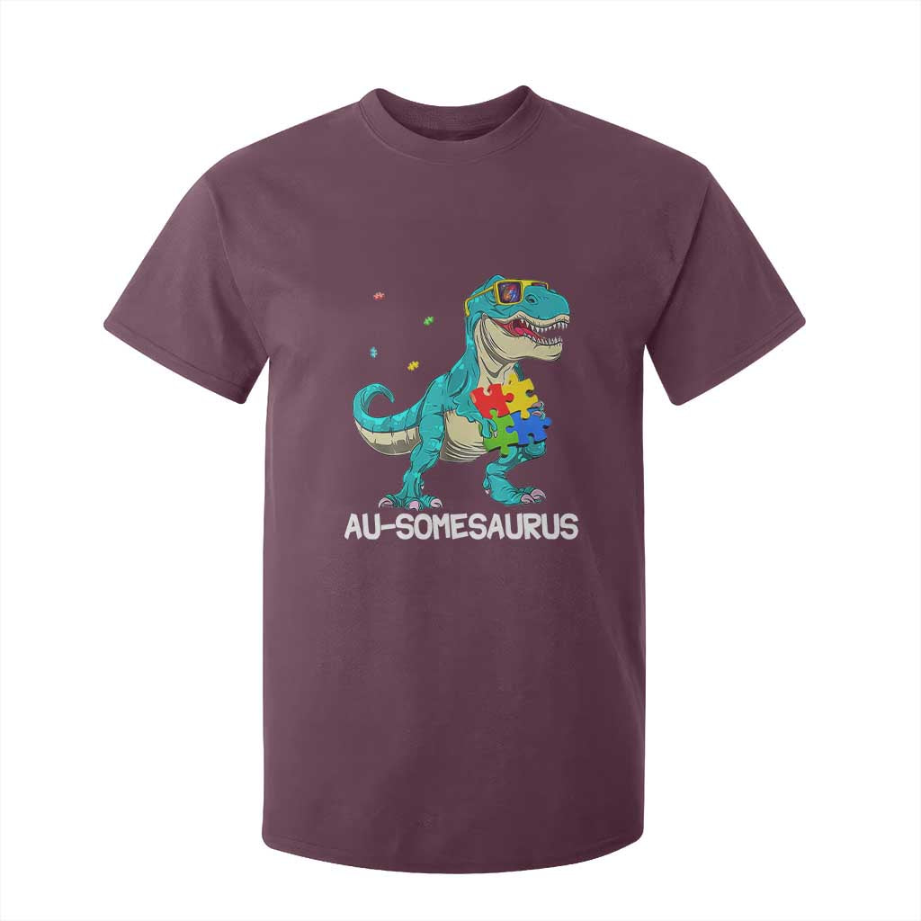 Dinosaur Autism T Shirt For Kid Au-somesaurus Word Pun Puzzle Piece TS01 Maroon Printyourwear