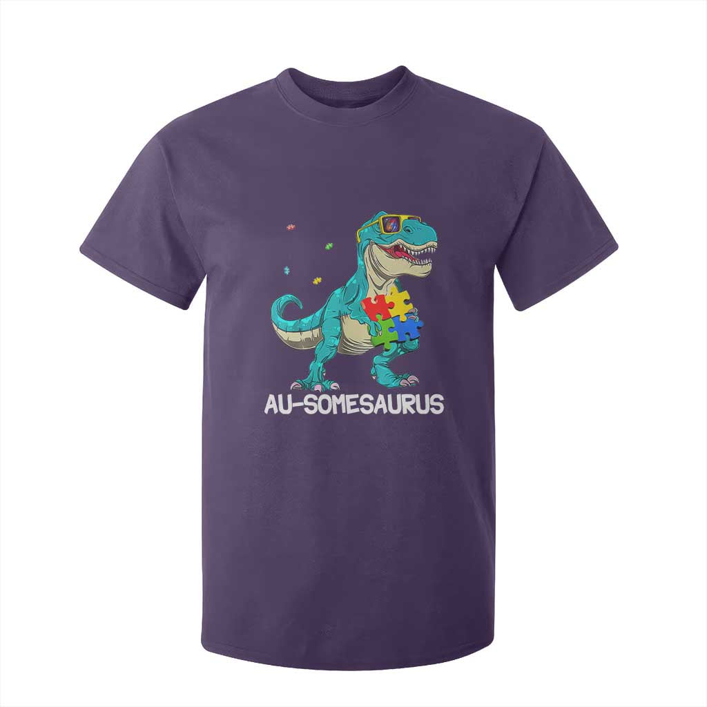 Dinosaur Autism T Shirt For Kid Au-somesaurus Word Pun Puzzle Piece TS01 Purple Printyourwear