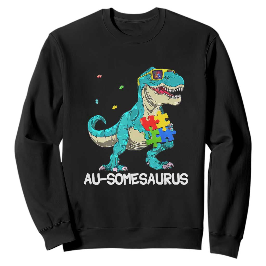 Dinosaur Autism Sweatshirt Au-somesaurus Word Pun Puzzle Piece TS01 Black Printyourwear