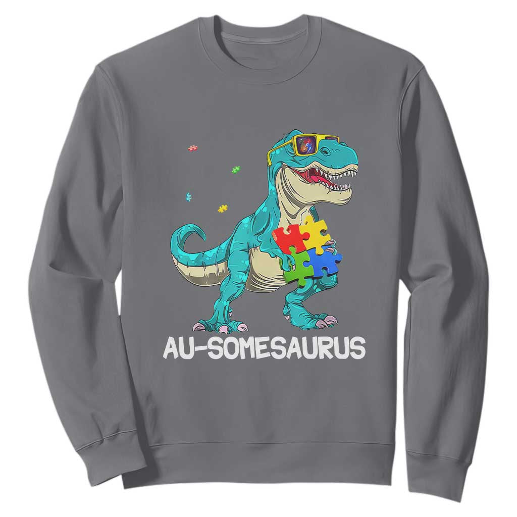 Dinosaur Autism Sweatshirt Au-somesaurus Word Pun Puzzle Piece TS01 Charcoal Printyourwear