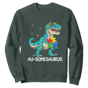 Dinosaur Autism Sweatshirt Au-somesaurus Word Pun Puzzle Piece TS01 Dark Forest Green Printyourwear