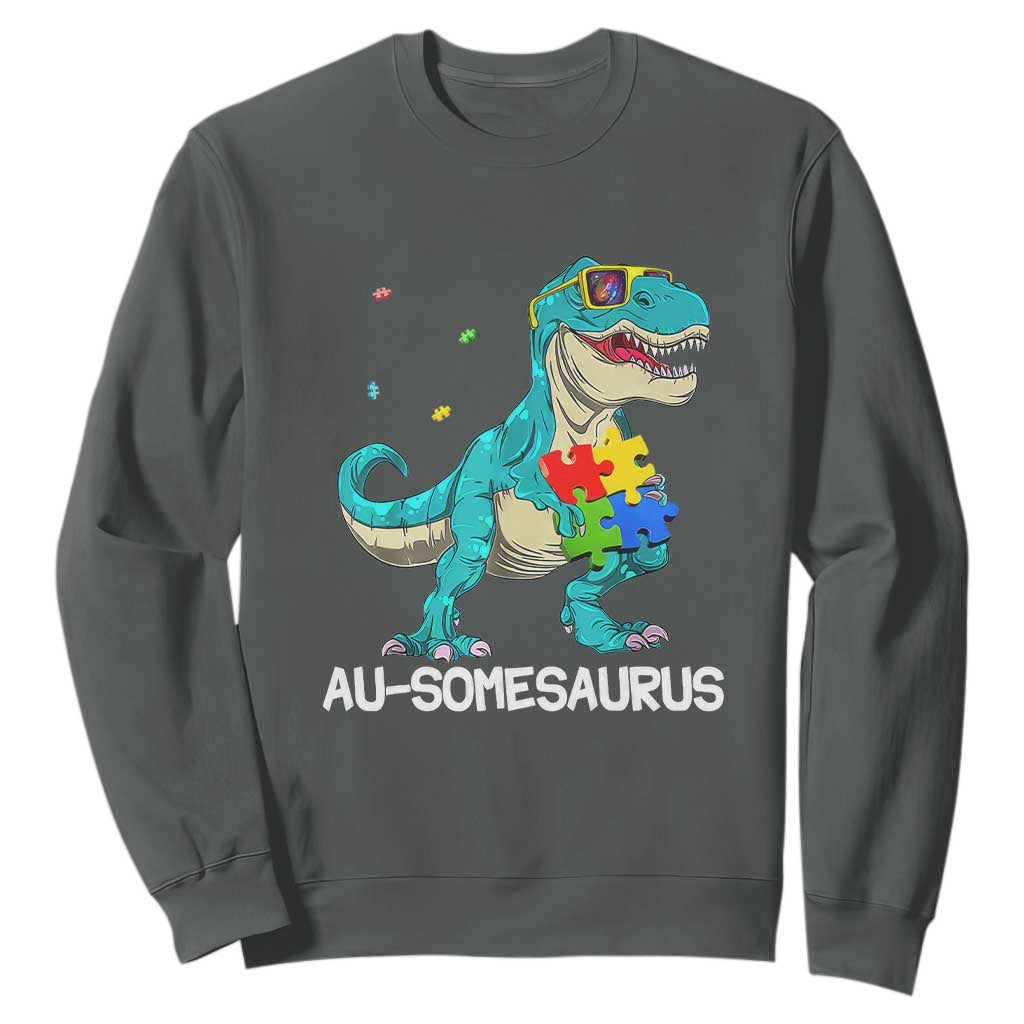 Dinosaur Autism Sweatshirt Au-somesaurus Word Pun Puzzle Piece TS01 Dark Heather Printyourwear