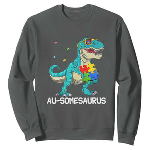 Dinosaur Autism Sweatshirt Au-somesaurus Word Pun Puzzle Piece TS01 Dark Heather Printyourwear