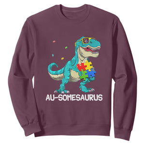 Dinosaur Autism Sweatshirt Au-somesaurus Word Pun Puzzle Piece TS01 Maroon Printyourwear