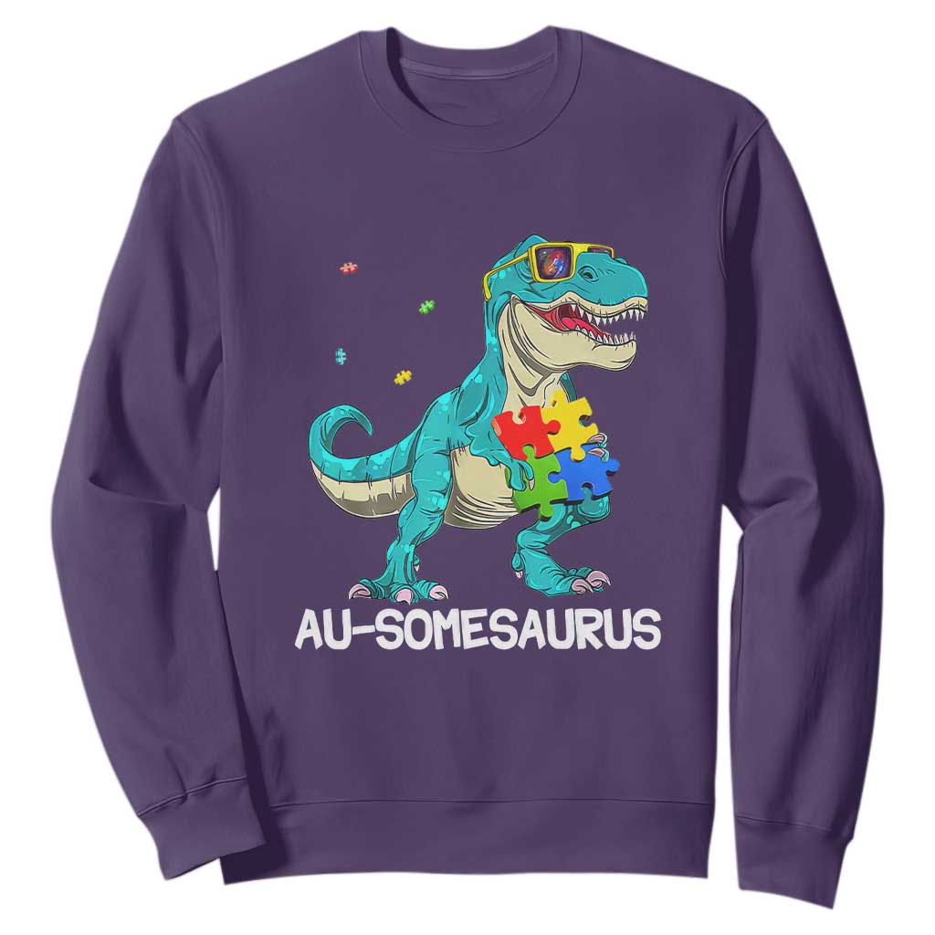 Dinosaur Autism Sweatshirt Au-somesaurus Word Pun Puzzle Piece TS01 Purple Printyourwear