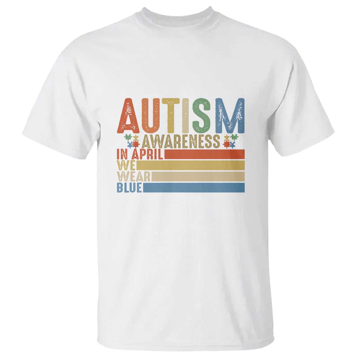 Autism Awareness Month T Shirt In April We Wear Blue Retro Vintage Puzzle Piece TS01 White Printyourwear