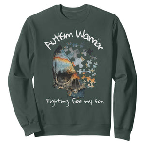Skull Autism Warrior Sweatshirt Fighting For My Son Love Support TS01 Dark Forest Green Printyourwear
