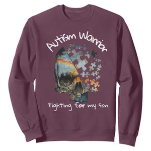 Skull Autism Warrior Sweatshirt Fighting For My Son Love Support TS01 Maroon Printyourwear