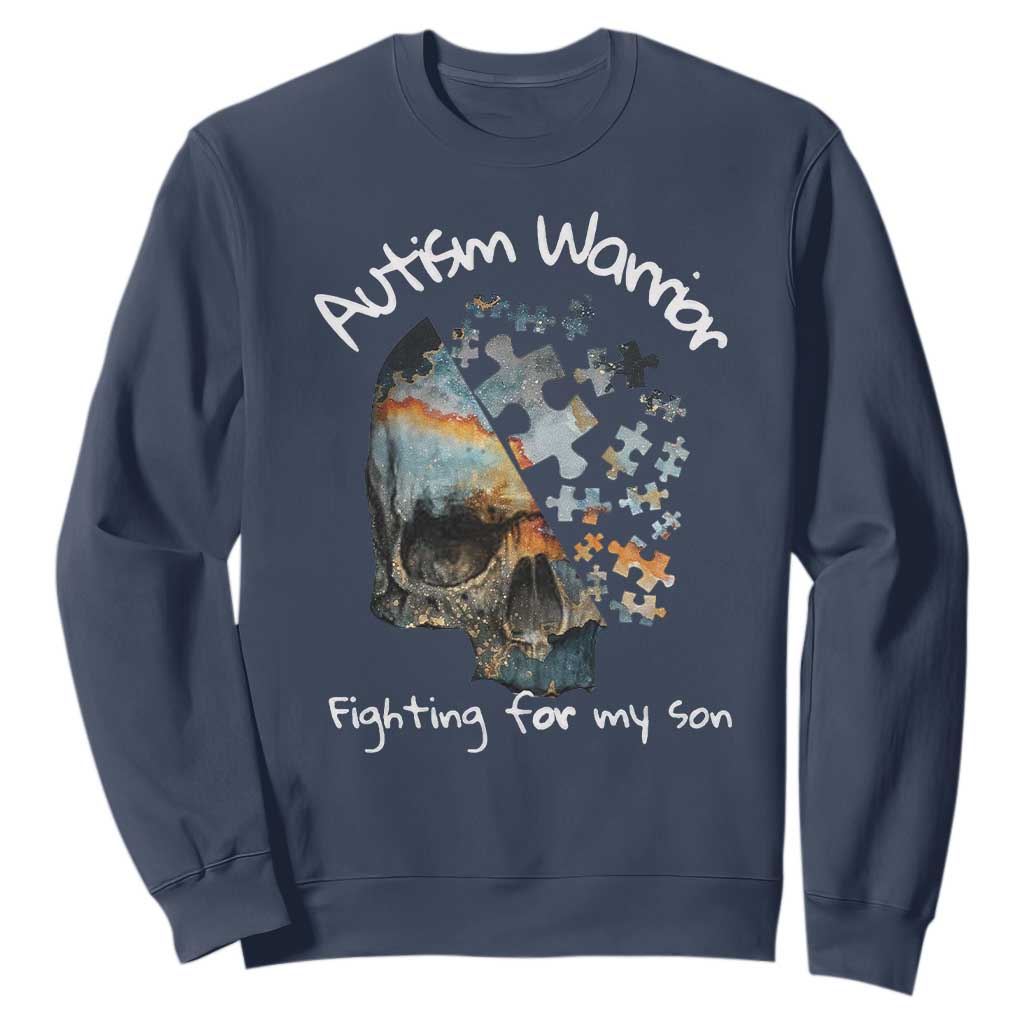 Skull Autism Warrior Sweatshirt Fighting For My Son Love Support TS01 Navy Printyourwear