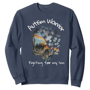 Skull Autism Warrior Sweatshirt Fighting For My Son Love Support TS01 Navy Printyourwear